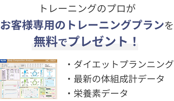 トレーニングのプロがお客様専用のトレーニングプランを無料でプレゼント！・ダイエットプランニング・最新の体組成計データ・栄養素データ
